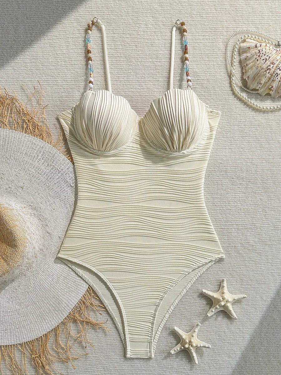 Wrinkled Shell Underwired Beads Women Swimwear One Piece Swimsuit Female High Leg Cut Monokini Bather Bathing Suit Swim Bodysuit