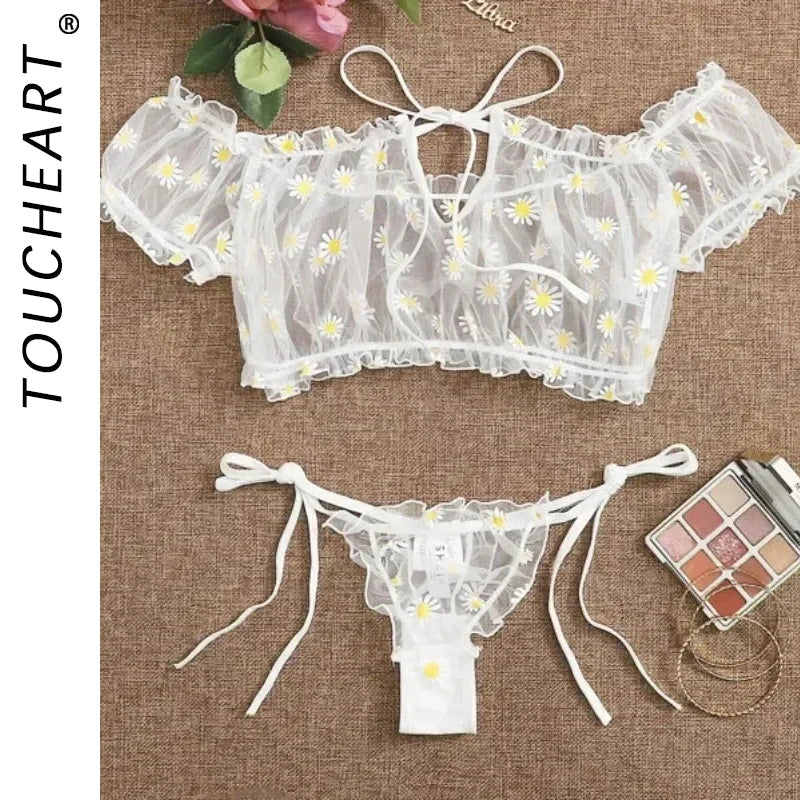 Toucheart Sexy Underwear Lace Lingerie Set For Women Off-Shoulder Small Chest Bralette+Thong Beachwear Transparent Bra Set New