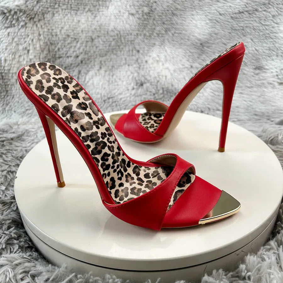 Red matte Leopard Base Slippers Pointed Toe Thin High Heels Women's Shoes Summer Casual Sexy Slip On Party One Word Belt Slipper