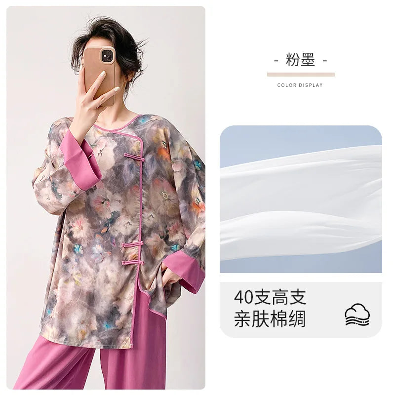 Plus size mother's cotton silk pajamas spring and summer new Chinese style can be worn outside home clothes Mother's Day gift