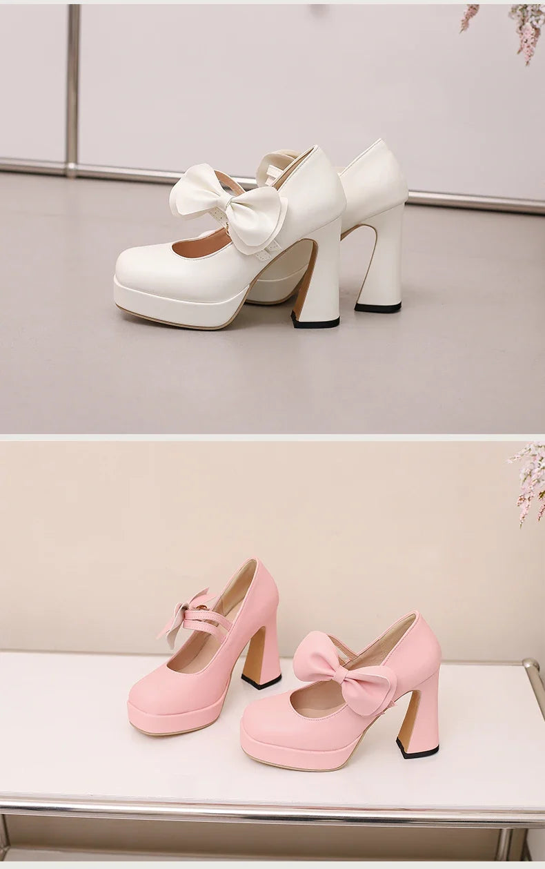Plus Size Women's Bow Mary Janes Platform Chunky Heels Ankle Strap High Heel Pumps Sweet Lolita Party Dress Shoes