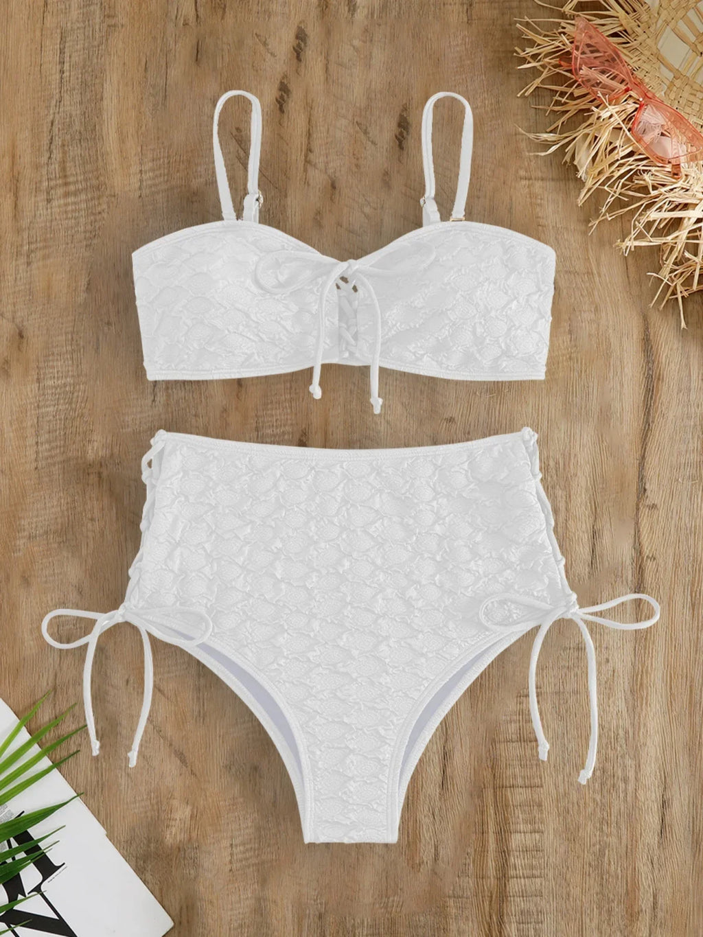 Sexy Drawstring Side High Waist Bikini Set 2025 Women Solid White Hole Out Push Up Swimsuit Beach Bathing Suit Holiday Swimwear
