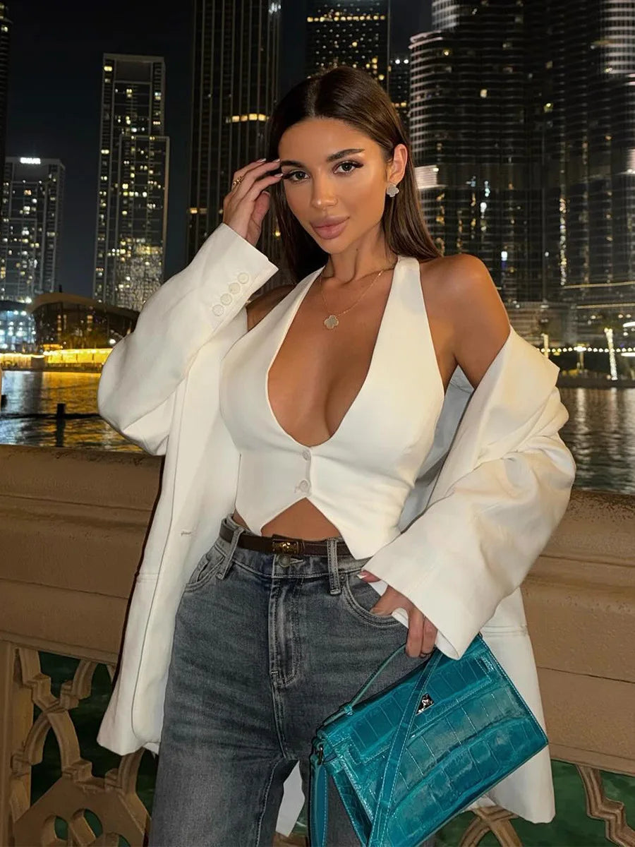 Elegant Halter Neck Backless White Tank Tops Women 2026 Summer Sexy Off Shoulder Buttons Crop Top High Street Lady Solid Vests