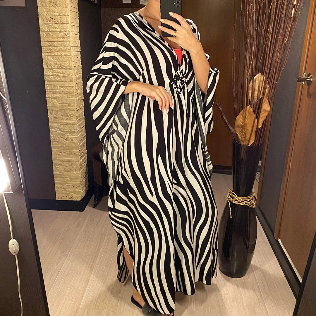 Sexy Zebra Printed V Neck Tunic Beach Cover Up Cover-ups Beach Dress Beach Wear Beachwear Beach Long Dress Female Women V4159