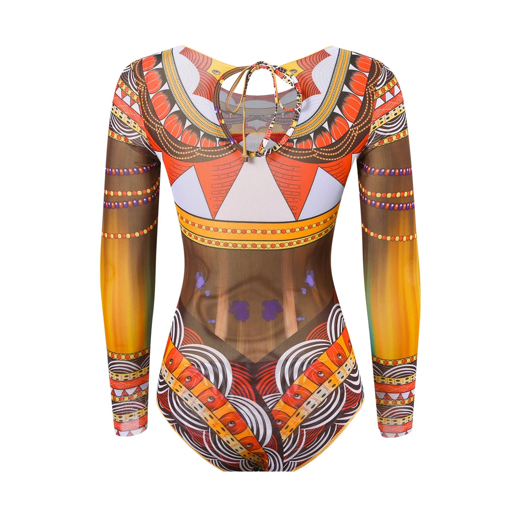 2025 Long Sleeve Sheer Sun Protection One-Piece Set Swimsuit Women Sexy Rash Guard Swimwear Bodysuit Beachwear With Cover up