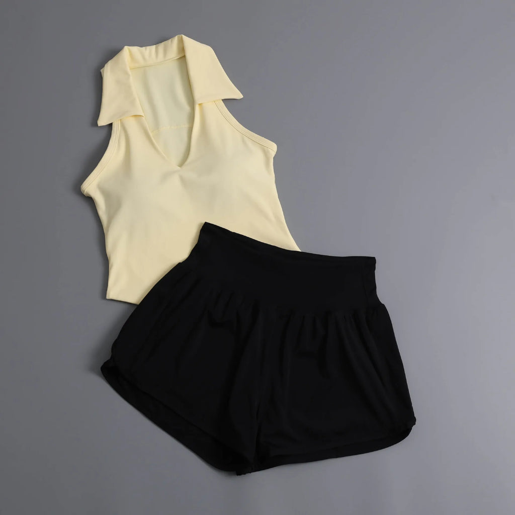 Summer Women's Sports Sets Color Contrast Lapel Collar Sports T Shirts High Waist Pleate Shorts Gym Running Fitness Yoga Suit