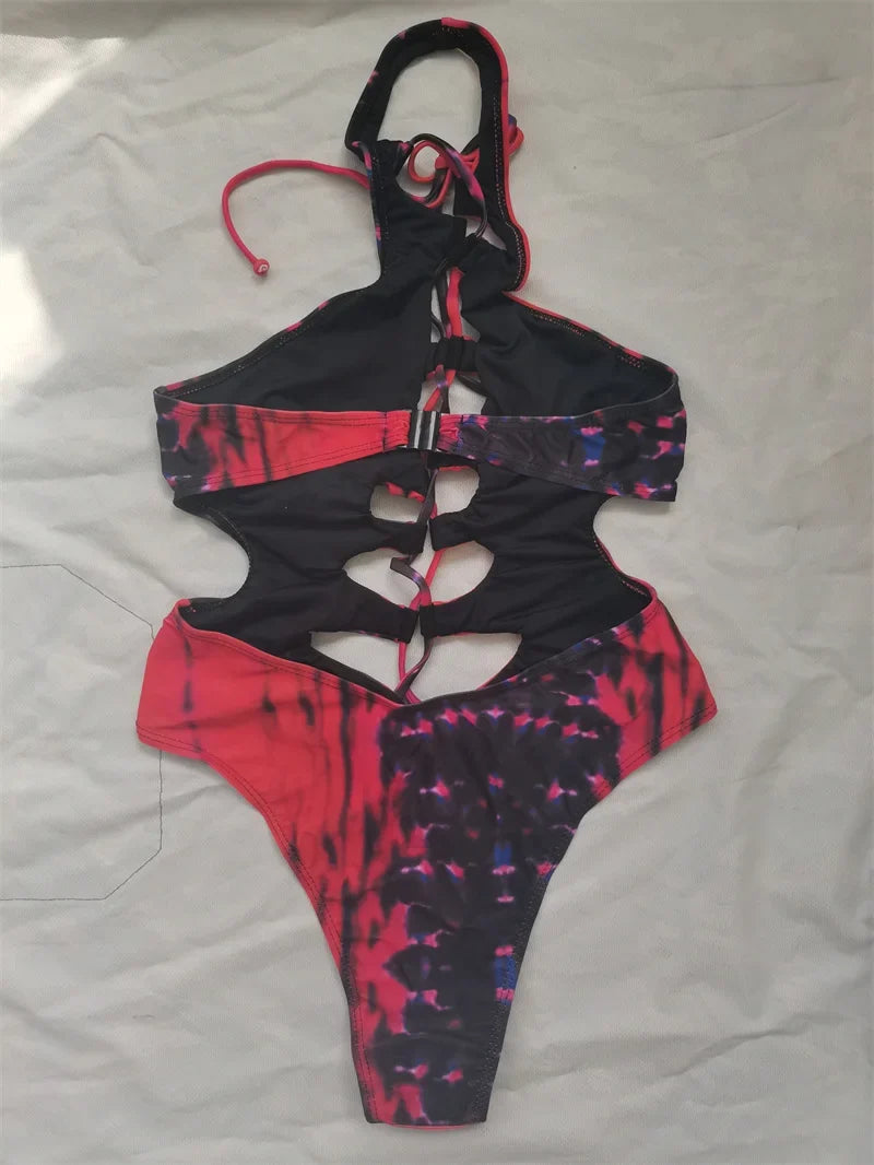 Hollow Out Swimwear Women 2025 High Neck Solid Black Cut Out Backless Monokini Bandage Bathing Suit Holiday One Piece Swimsuit