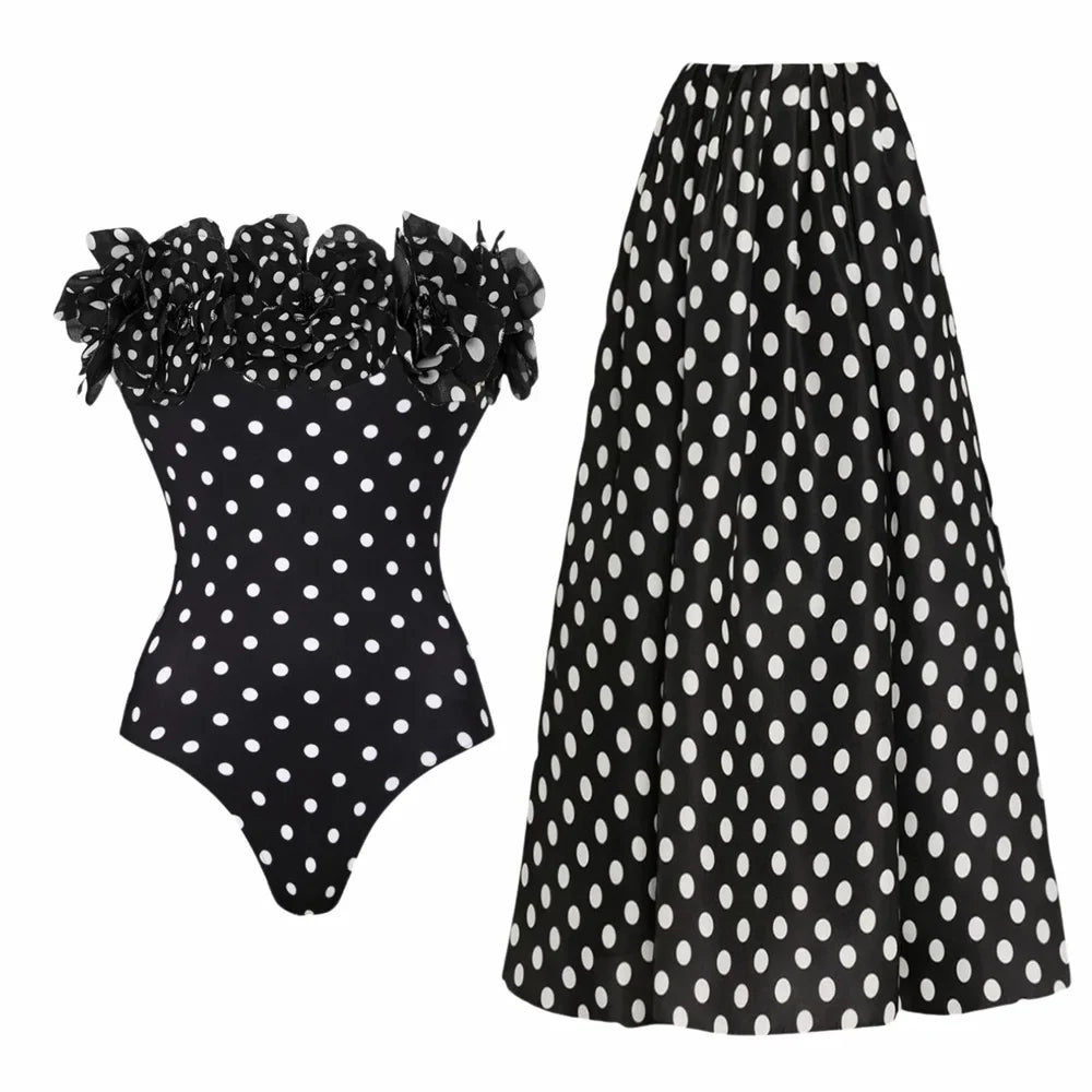 Black Dot Print One Piece Swimsuit Pleate Long Skirt Set 2026 Women Vintage Bandeau Ruffle Push Up Bathing Suit Holiday Swimwear