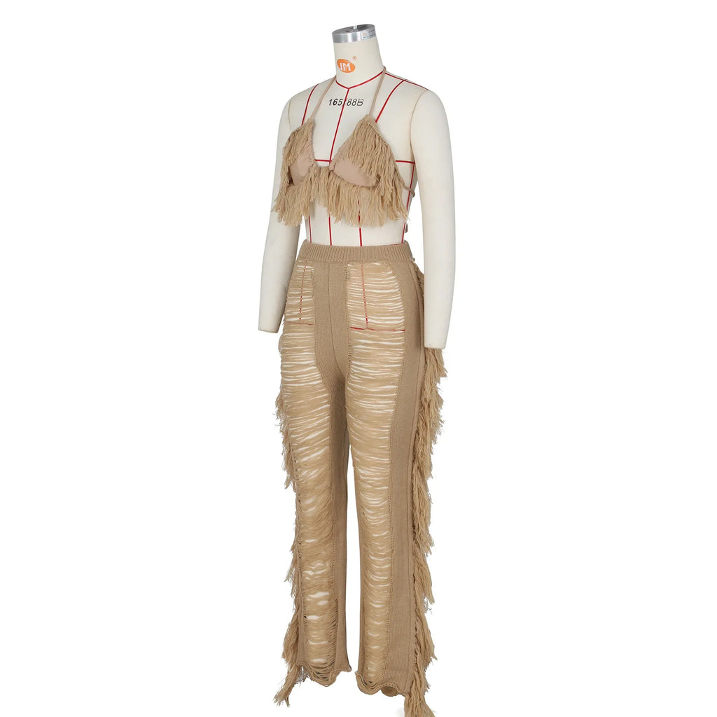 DEKAWomen Tassel Pants Knitted Bra Top Bikini Set Swimsuit Handemade Crochet Bikini Cover Up Tassel Beach Long Wrap Pant