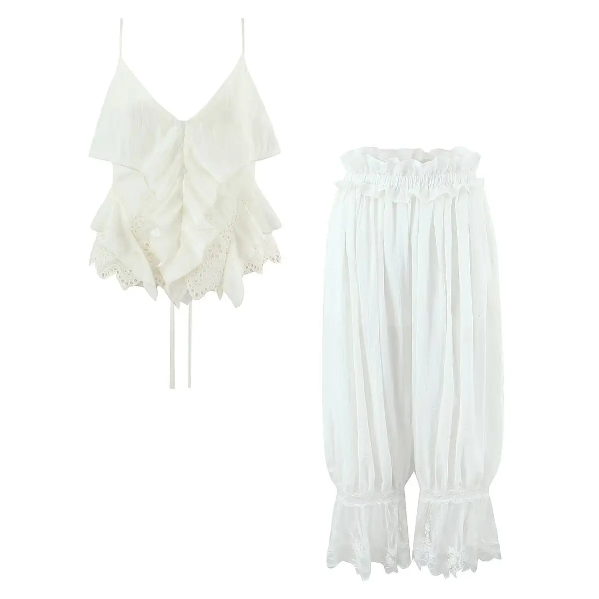 Women's Ruffled Lace Trim Loose Pants For Woman White Ruffled Embroidery Camisole Straps Button Front For Sweet Summer Look WM6E