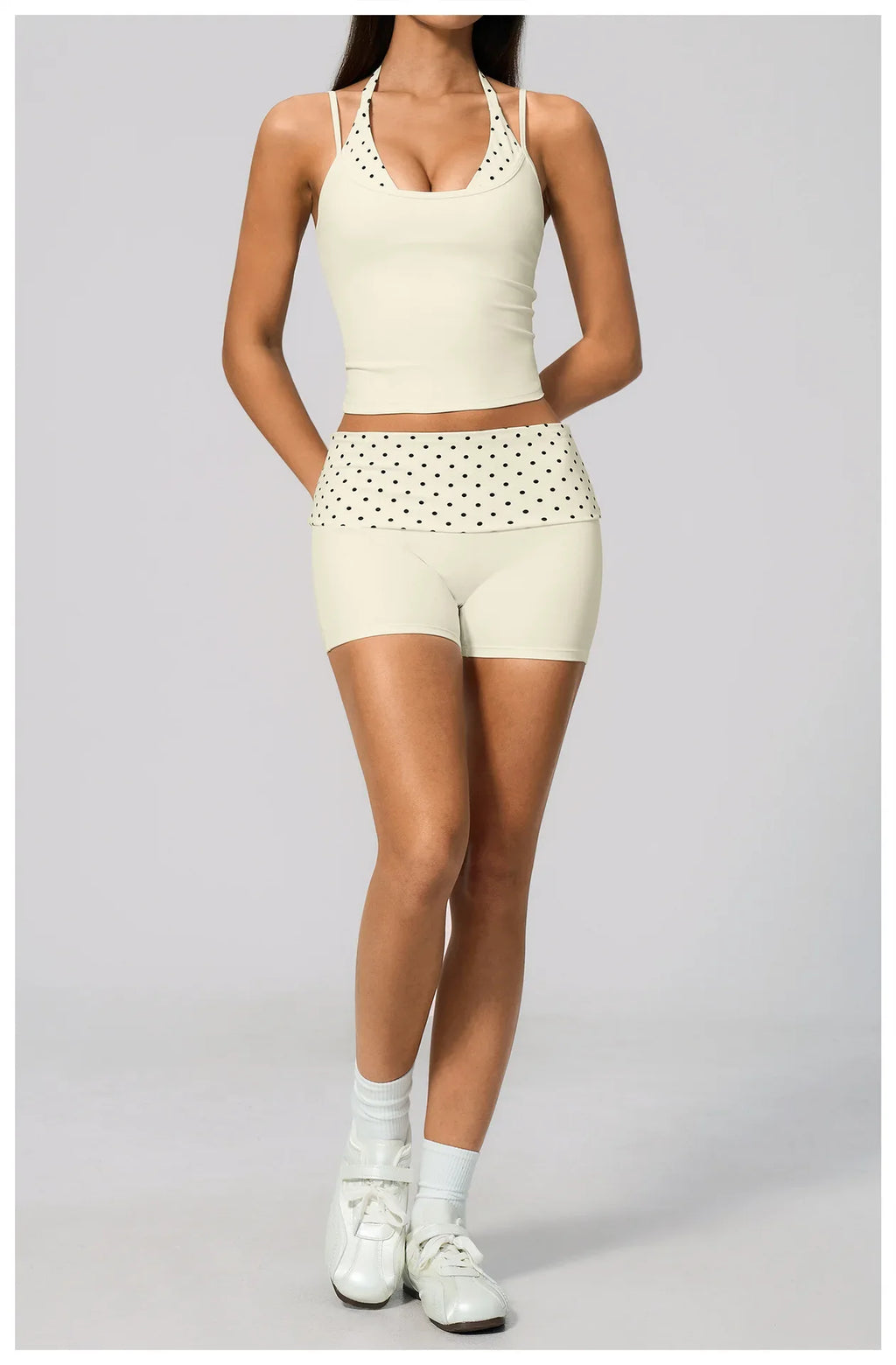 Quick Drying Polka Dot Patchwork Yoga Sets Women Hanging Neck Slim Shockproof Sports Tank Top Gym High Waist Shorts Fitnss Suit