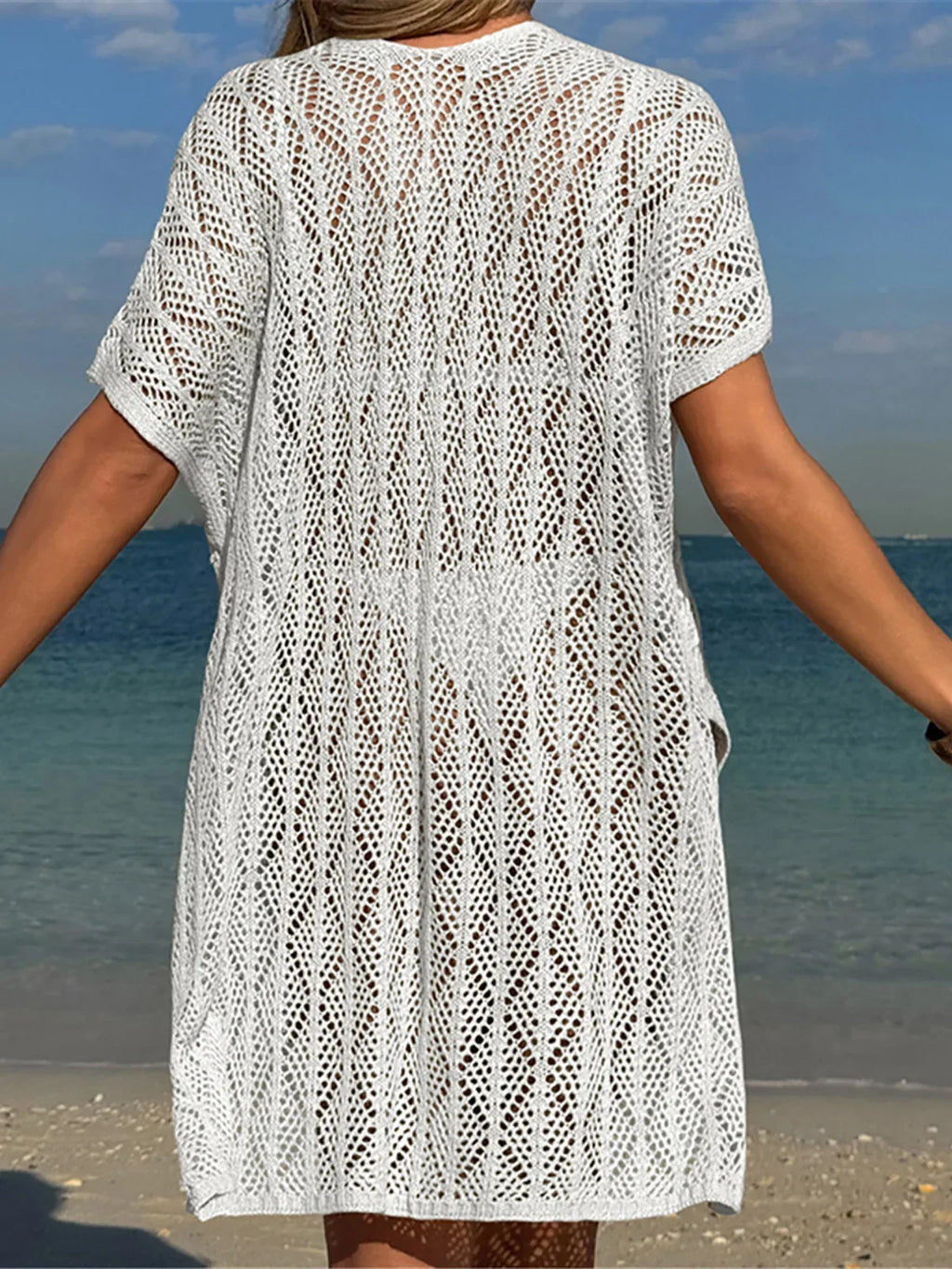 Sexy Short Sleeve Hollow Out Crochet Knitted Tunic Beach Cover Up Cover-ups Beach Dress Beach Wear Beachwear Female Women K6686