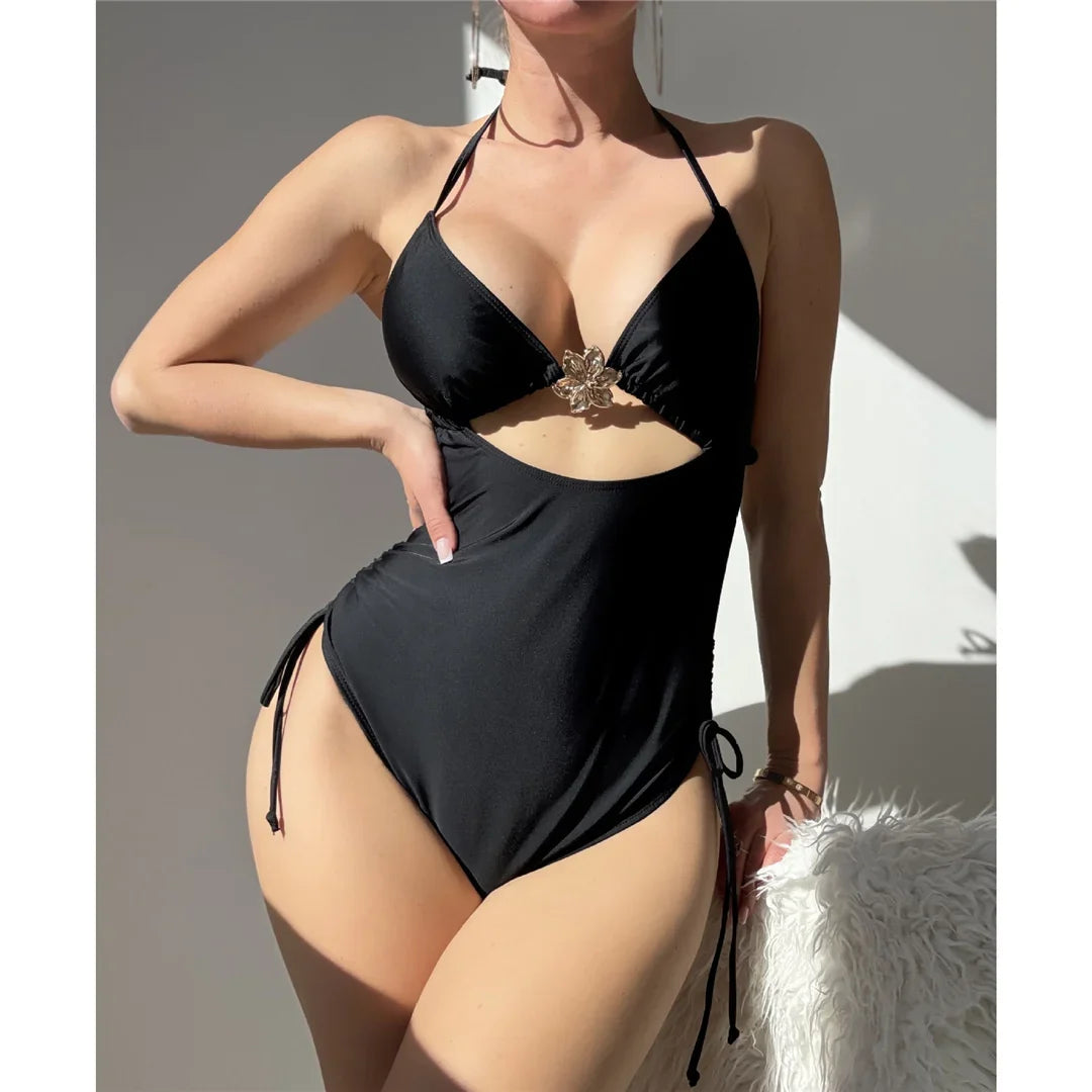 S - XL Metal Flower Cut Out Halter Women Swimwear One Piece Swimsuit Female Backless High Leg Cut Bather Bathing Suit Swim K7446