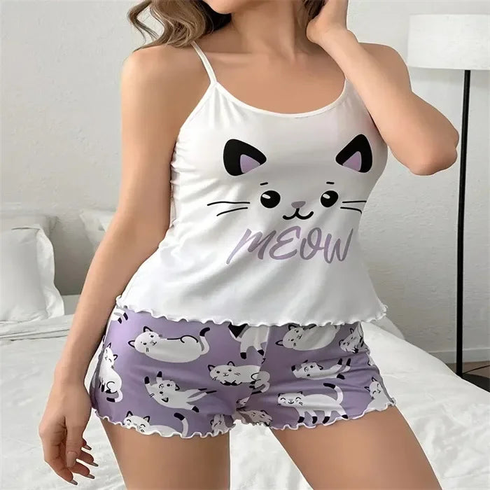 New Women's Fun Printed Suspender Top with Shorts Pajama Set Casual Home Style Pajamas for Women  Sleepwear Lingerie