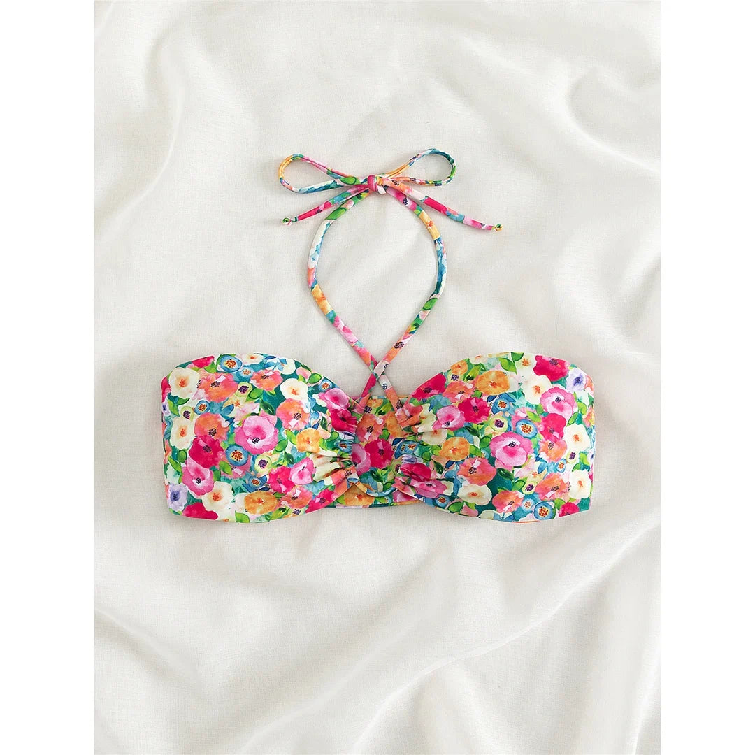 Sexy Floral Printed Halter Lace Up Bikini Female Swimsuit Women Swimwear Two-pieces Bikini set Bather Bathing Suit Swim K5026