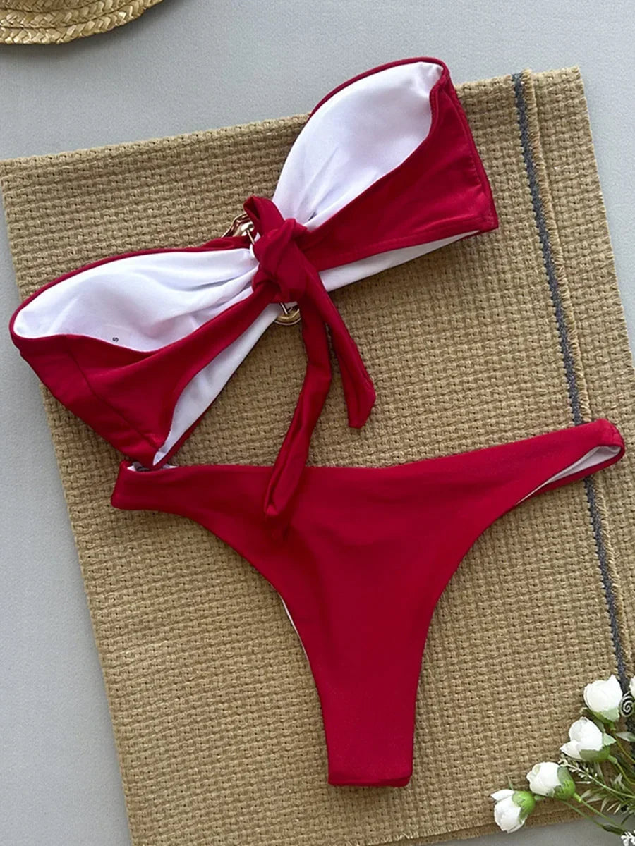 XS - L Metal Ring Bandeau Bikini Women Swimwear Female Swimsuit Two-pieces Bikini set Brazilian High Cut Bathing Suit Swim Lady