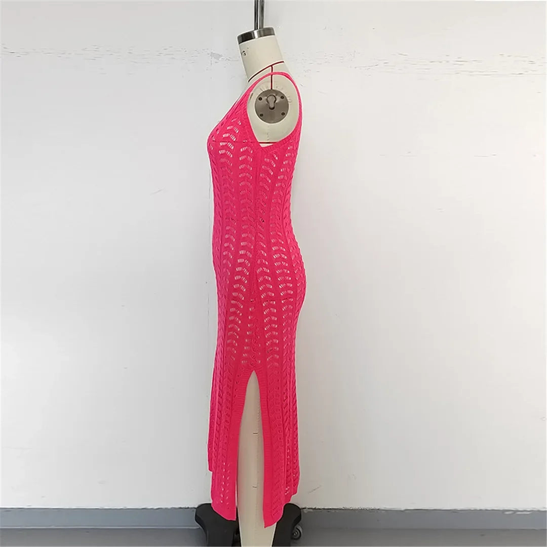 4 Color Hollow Out Sleeveless Crochet Knitted Tunic Beach Cover Up Cover-ups Beach Dress Beach Wear Beachwear Female Women K6783