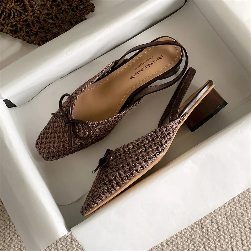Woven Bow Back Strap Design Sandals Women's Summer New Square Head Shallow Mouth Single Shoe Comfortable Elegant Cool Pumps