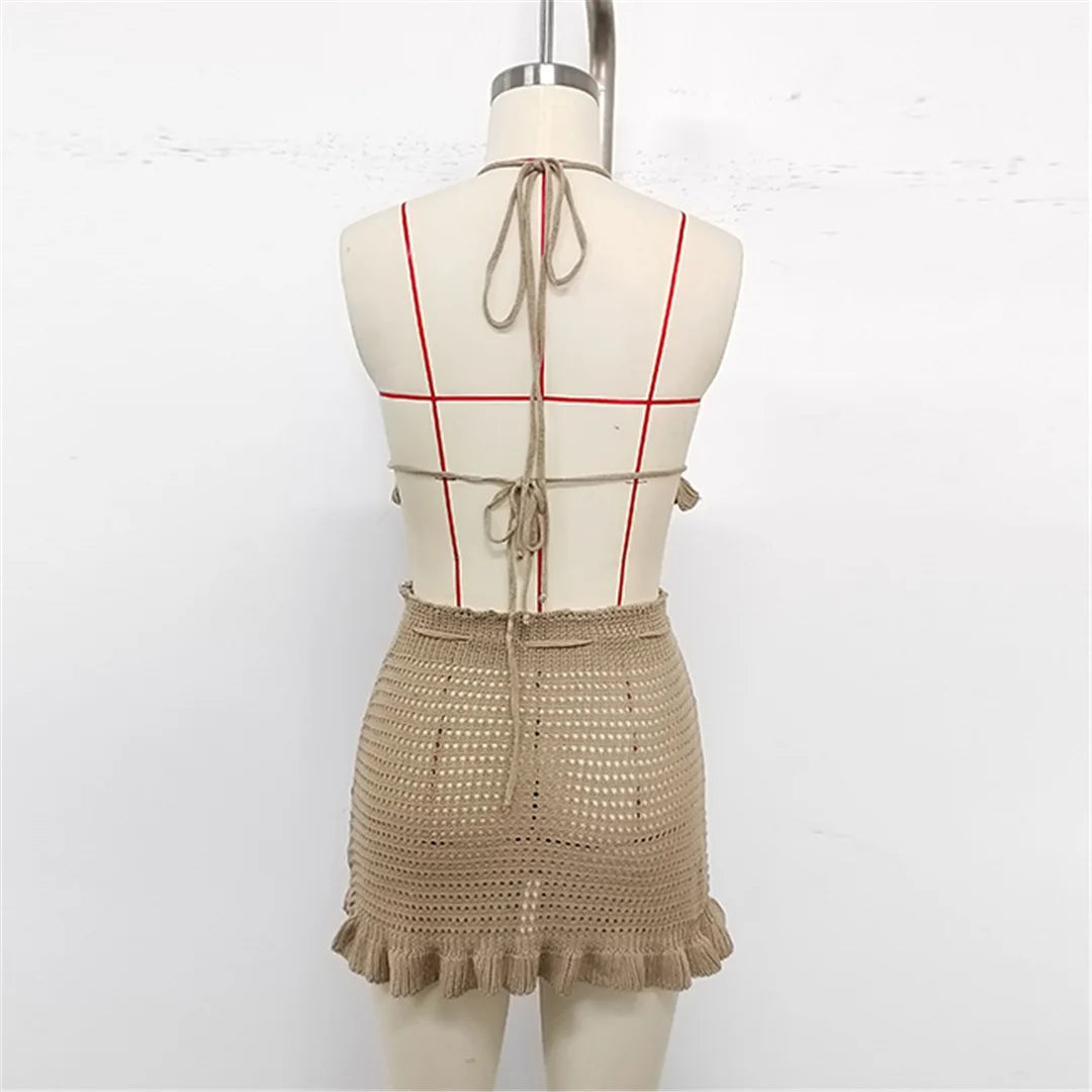 Sexy Halter Hollow Out Beach Skirt Bikini Female Swimsuit Women Swimwear Two-pieces Bikini set Bather Bathing Suit Swim K6782