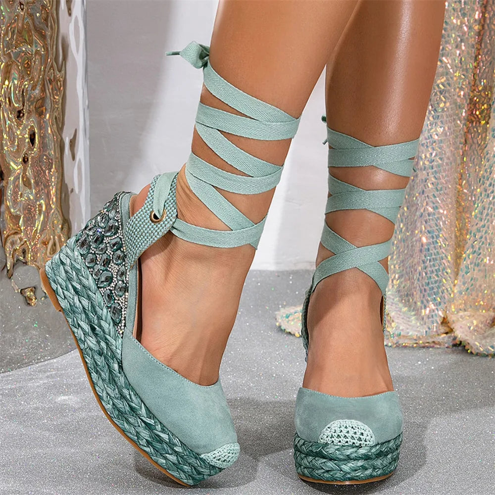 European Size Leisure Summer Espadrilles Sandals Rhinestones High Heels Wedges Sandals Shoes Women Comfy Walk Platform Sandal