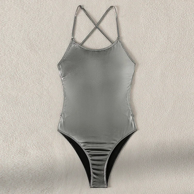 sexy glitter metallic silver backless swimsuit one piece bikini bandage swimwear bodysuits women biquini bathing suits tankini
