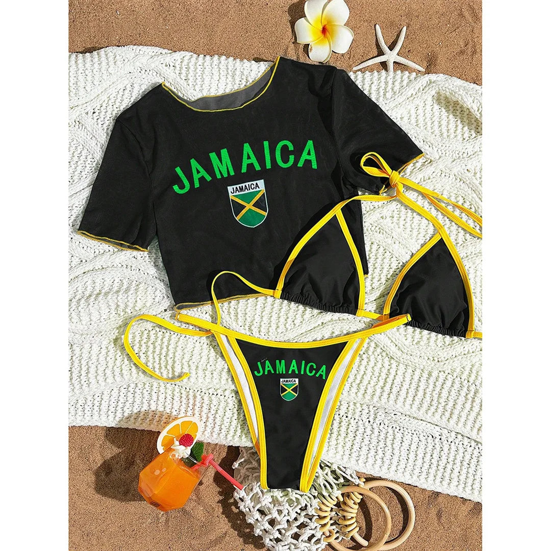 XS -XL Cherry Printed Short Sleeve Bikini Female Swimsuit Women Swimwear Three-pieces Bikini set Bather Bathing Suit Swim V6854