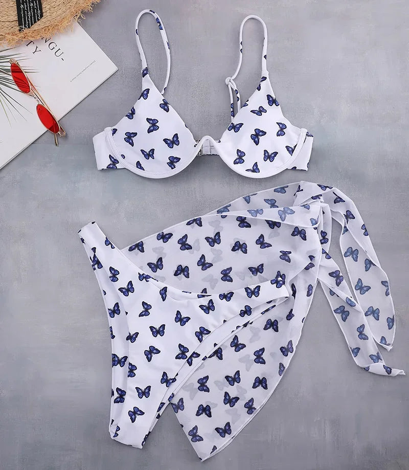 Butterfly Print Underwired V-Bar Bikini Women Swimsuit Female Swimwear Three-pieces Bikini Set Push Up Bathing Suit Beach Sarong