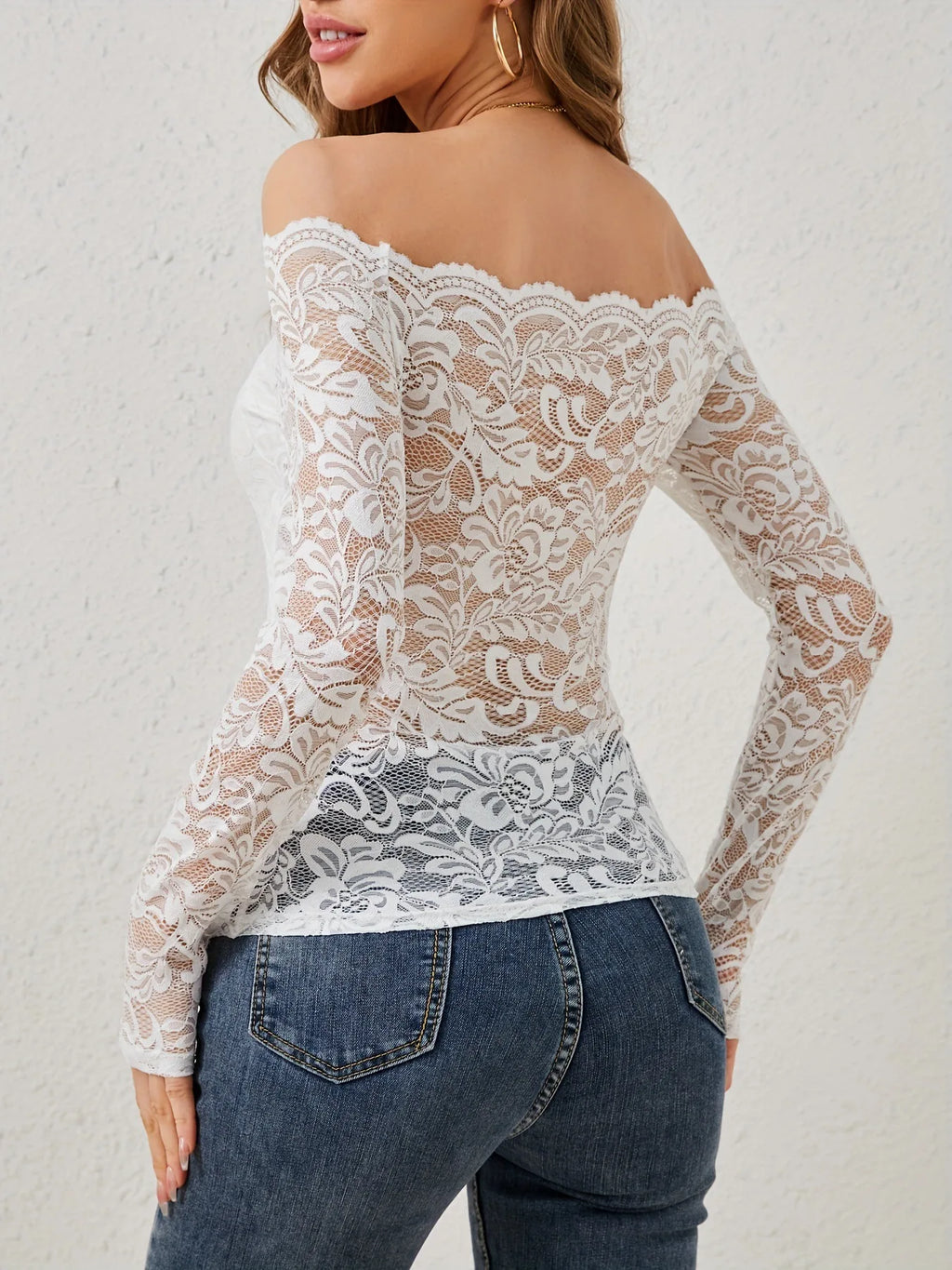European and American elegant scalloped neckline, off-the-shoulder lace slim fit T-shirt long-sleeved top
