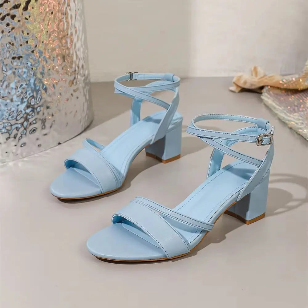 Big Size 42 Classic Blue Ankle Strap Sandals for Women Elegant Summer Block Heels Office Lady Daily Wear Shoes