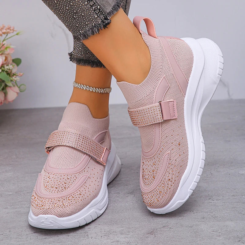 Shiny Crystal White Platform Sneakers Women Comfort Knitted Breathable Walking Shoes Woman Casual Non-Slip Sport Shoes Ladies