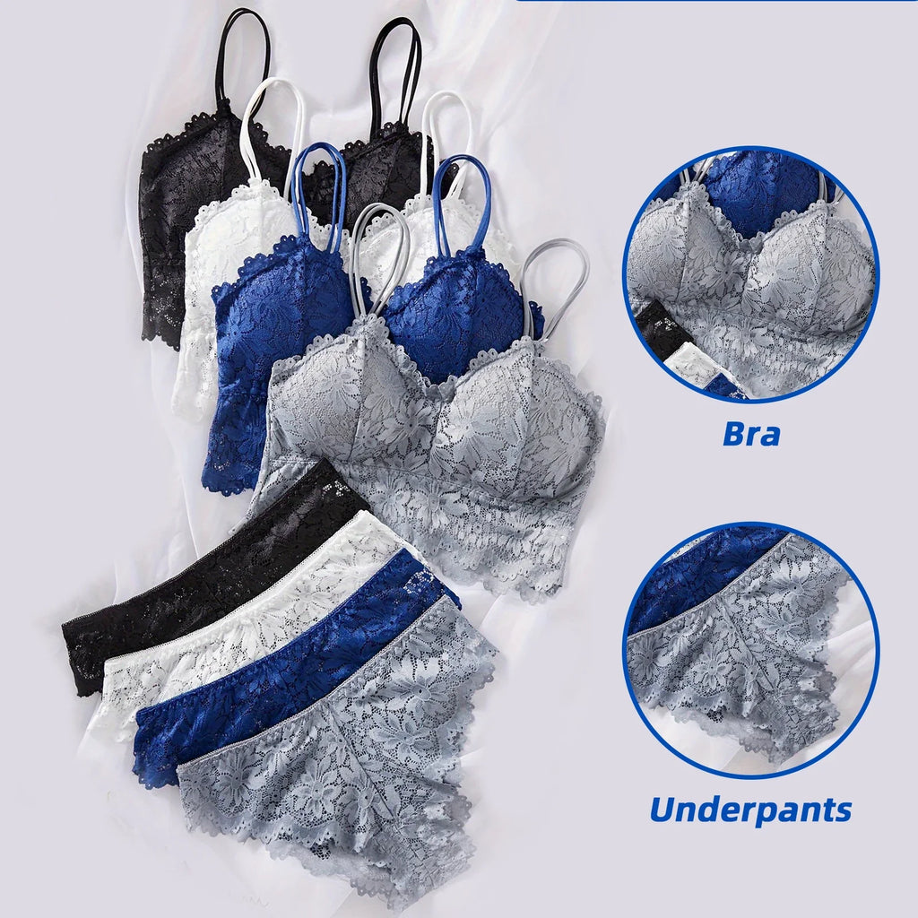 4PCS Women's Lace Non-wire Bra And Panties Set Transparent Low Rise Briefs Ultra-thin Comfort Underwear Female Bralette Lingerie