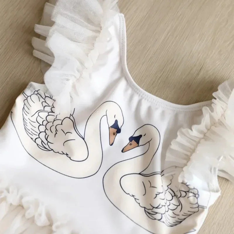 Princess Mesh Swimsuit Baby Girl Swan Cherry Sling Cute Swimming Suit Quick Drying Sun Protection Swim Wear with Cap H8126