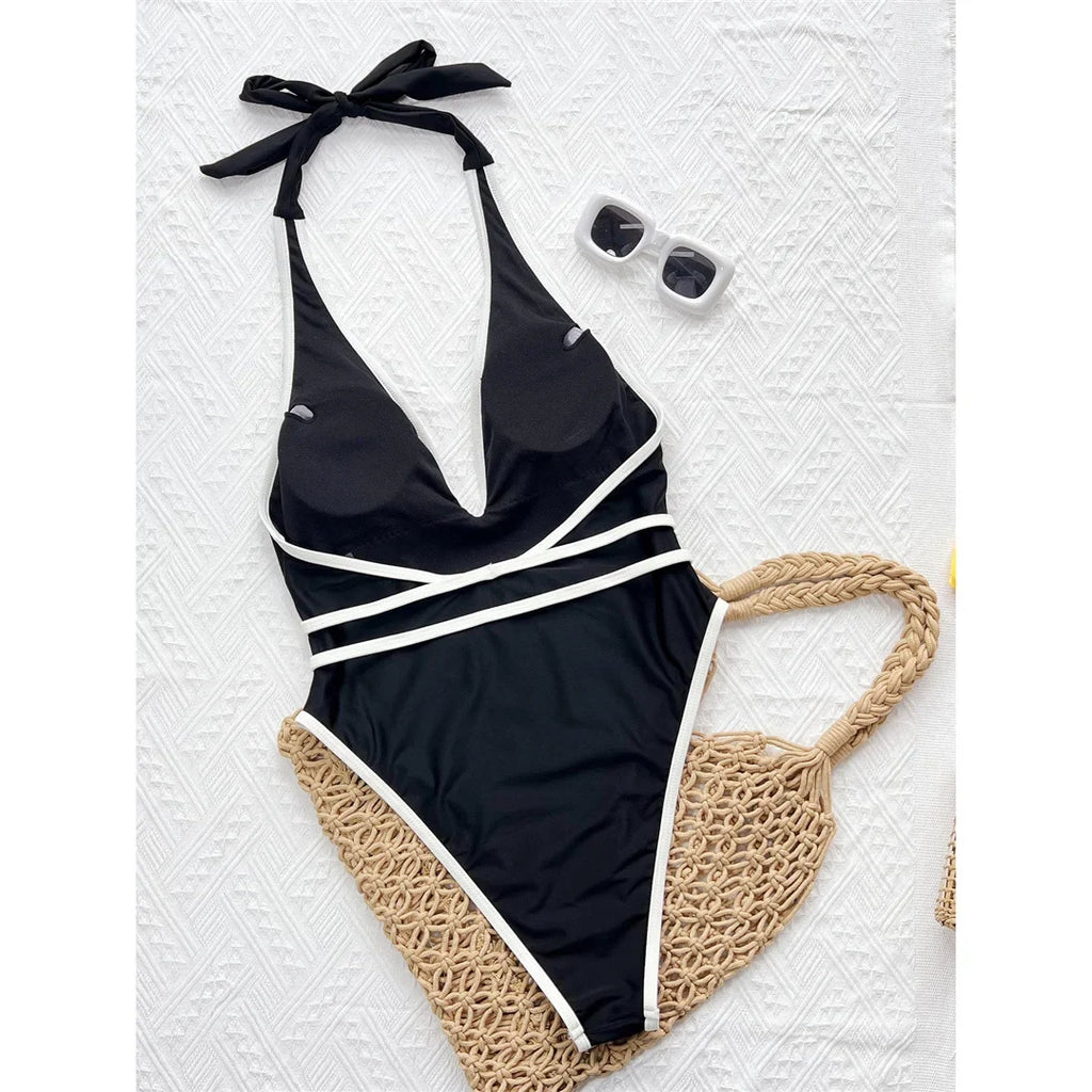 Sexy Deep V Neck Halter With Belt One Piece Swimsuit Women Swimwear Female High Cut Leg Monokini Bather Bathing Suit Swim V7602