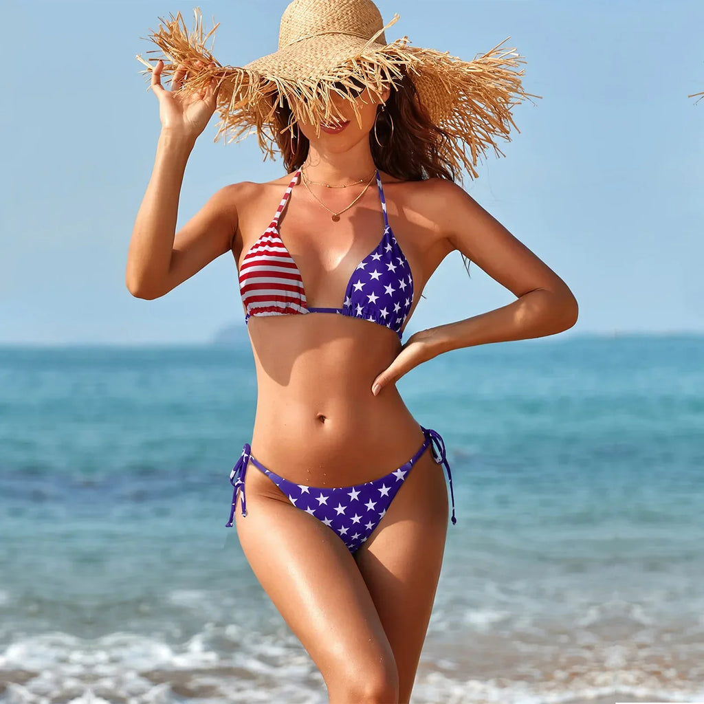 2025 NewCLOOCL Sexy Bikinis American Flag 3D Printed Swimsuit 4th of July Independence Day Female Swimwear Women Bikini Sets