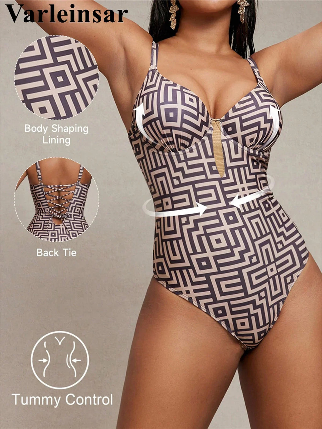S - XL Printed Underwired V Neck Women Swimwear One Piece Swimsuit Female Lace Up High Leg Cut Bather Bathing Suit Swim V7552