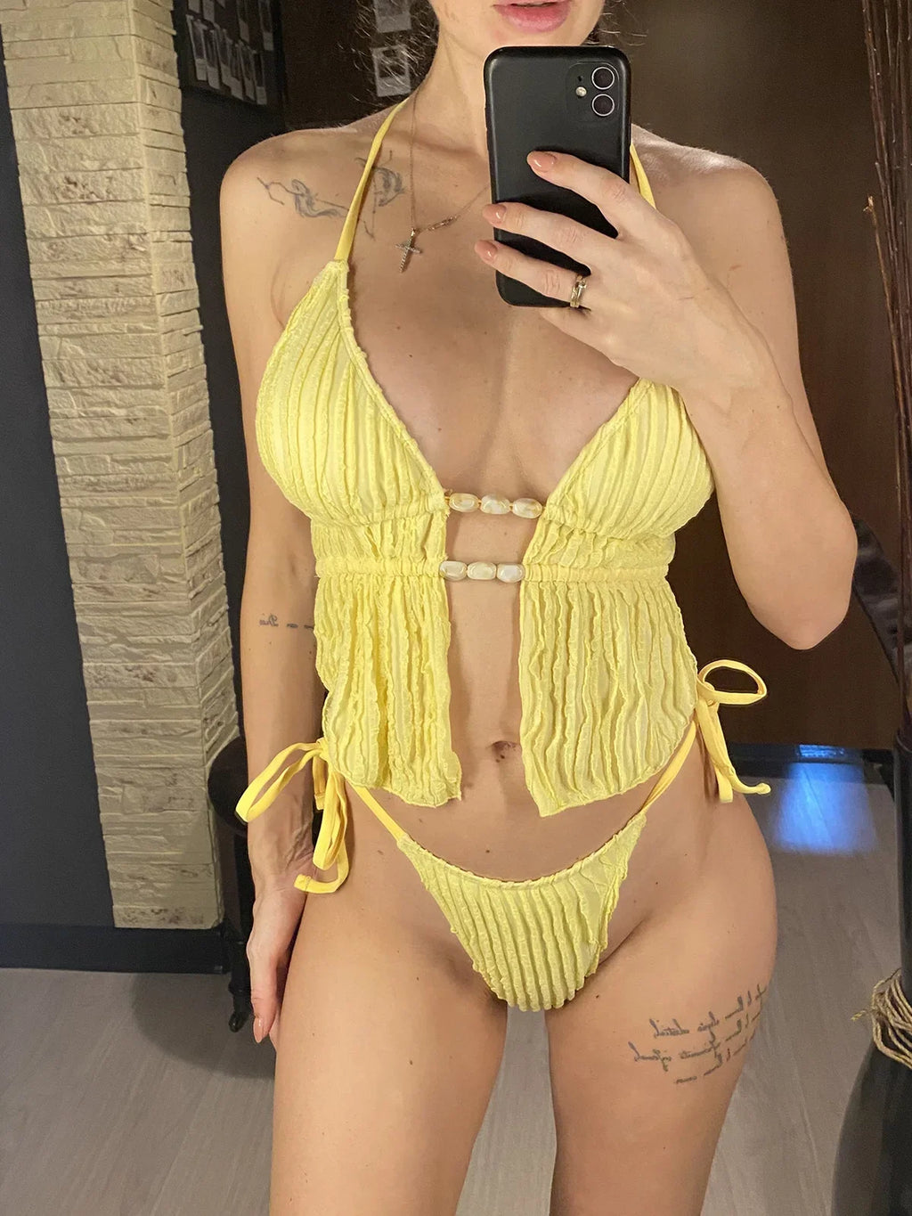 Wrinkled Tankini Halter Bikini Women Swimwear Female Swimsuit Two-Pieces Bikini Set High Cut Leg Bather Bathing Suit Swim V7154