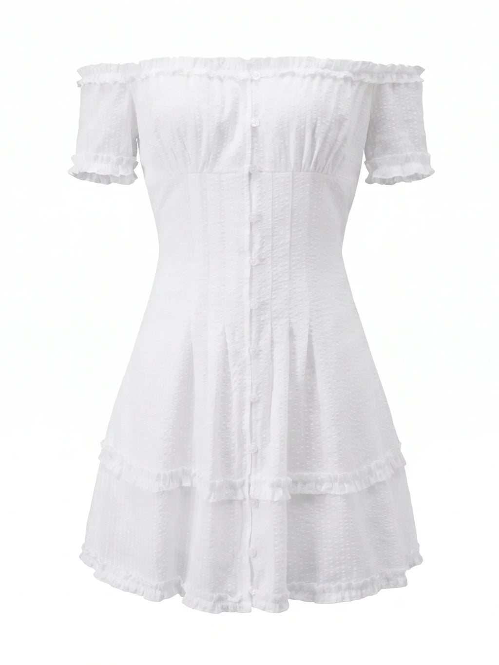 Women Summer White Dress Trim Off Shoulder Short Sleeve Button-up A-line Mini Dresses for Daily Office Party