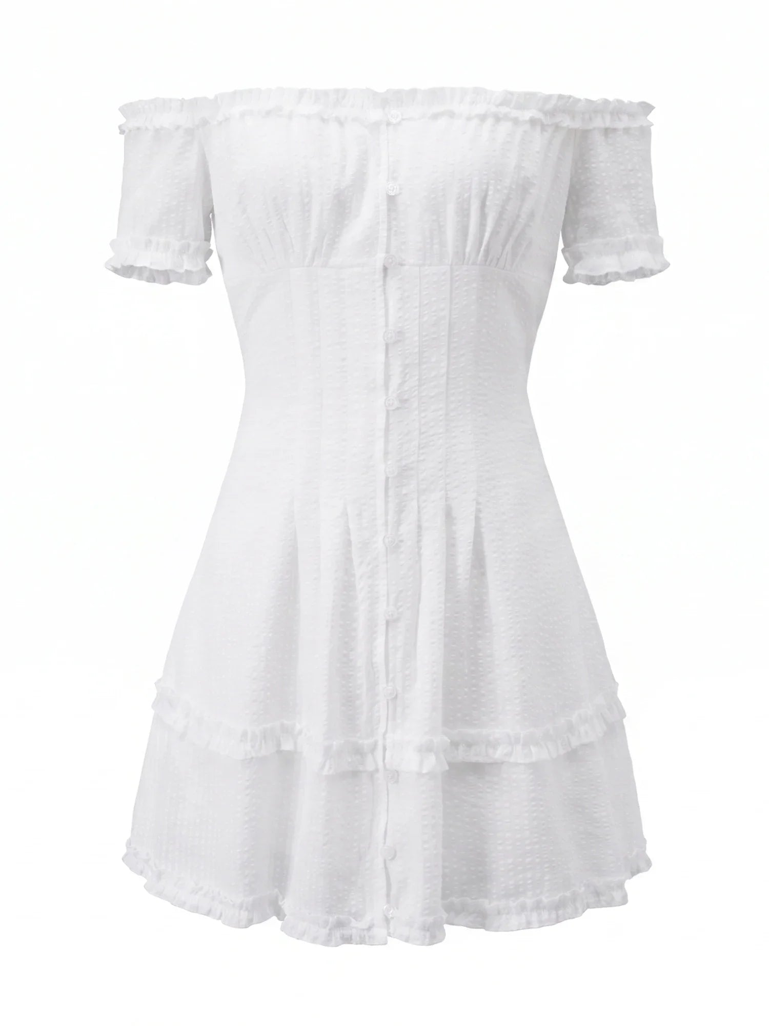 Women Summer White Dress Trim Off Shoulder Short Sleeve Button-up A-line Mini Dresses for Daily Office Party