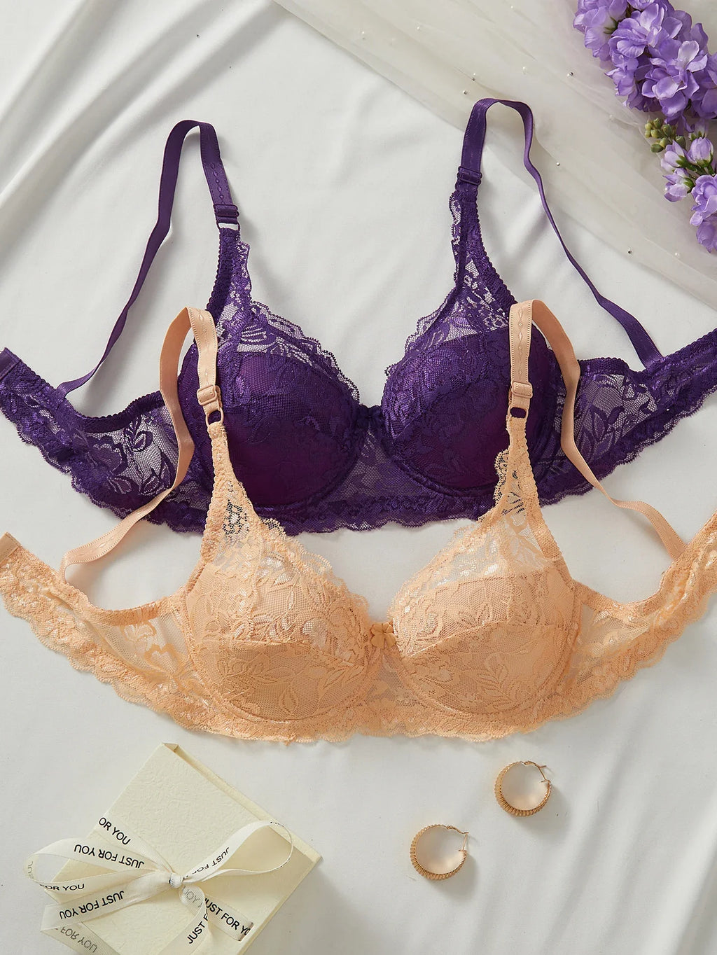 2Pcs/Set Lace Bra for Women Sexy Underwire Push-Up Bra Breathable Mesh Thin Soft Lingerie Adjustable No Lining Women's Bra