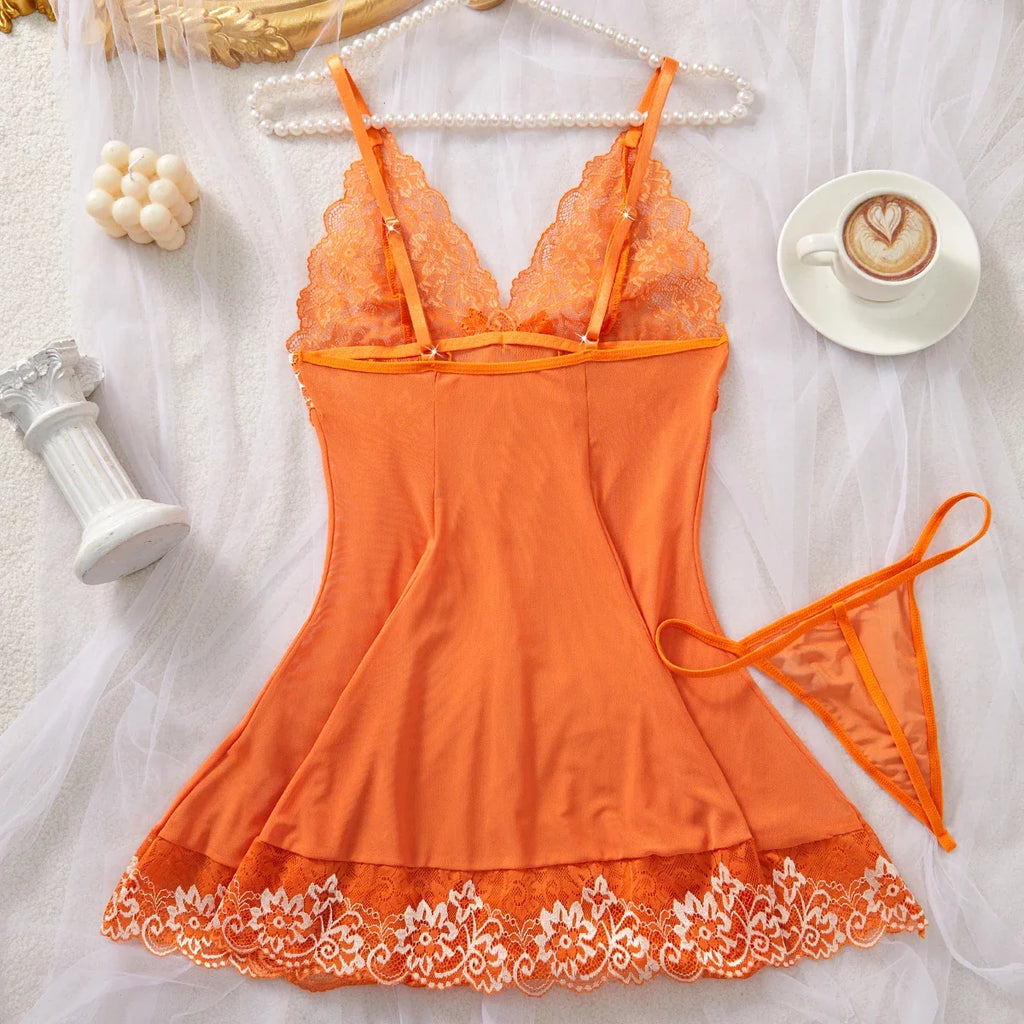 Women's Contrast Floral Nightdress Set Dress Sleepwear With Thongs Nightdress Underwear Babydoll