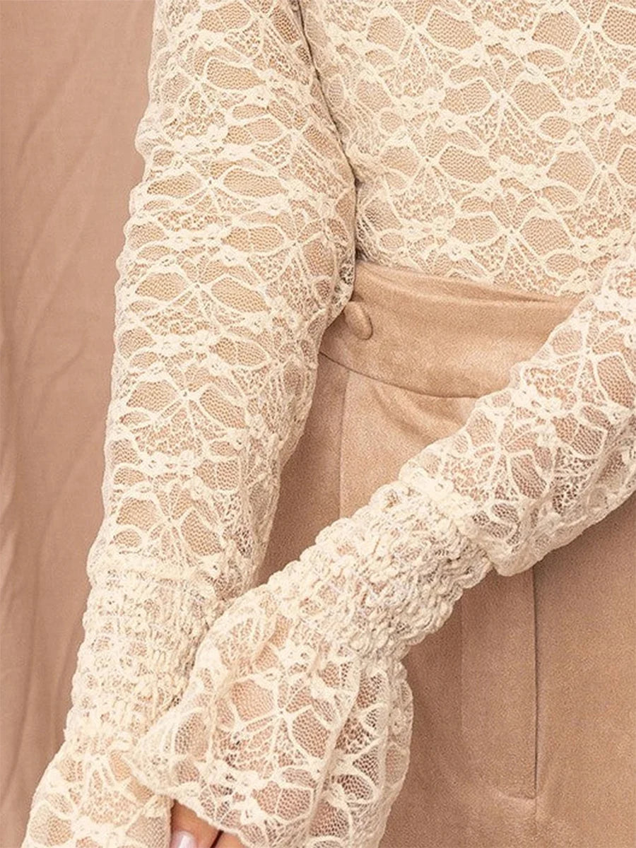 Women's Spring Summer Solid Color Slim Lace Mesh Tops Flare Long Sleeve High Neck Sheer T-Shirt for Party, Daily