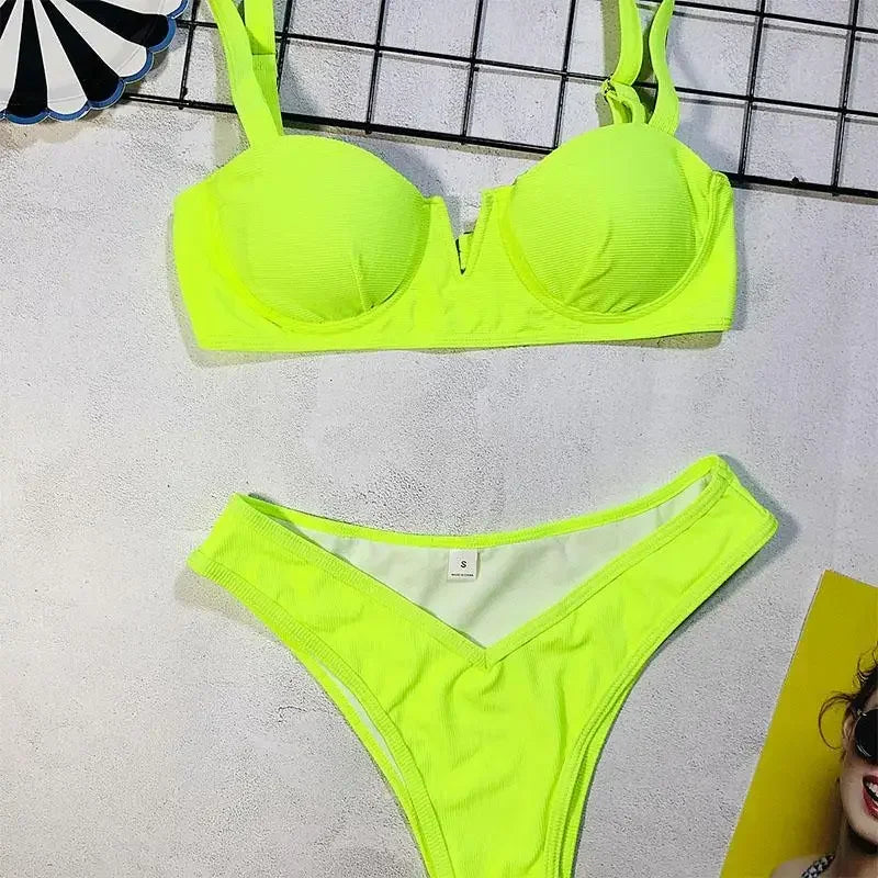 Sexy Ribbed Underwired V-bar Bikini Women Swimsuit Female Swimwear Two-pieces Bikini Set High Cut Bathing Suit Swim Beach Wear