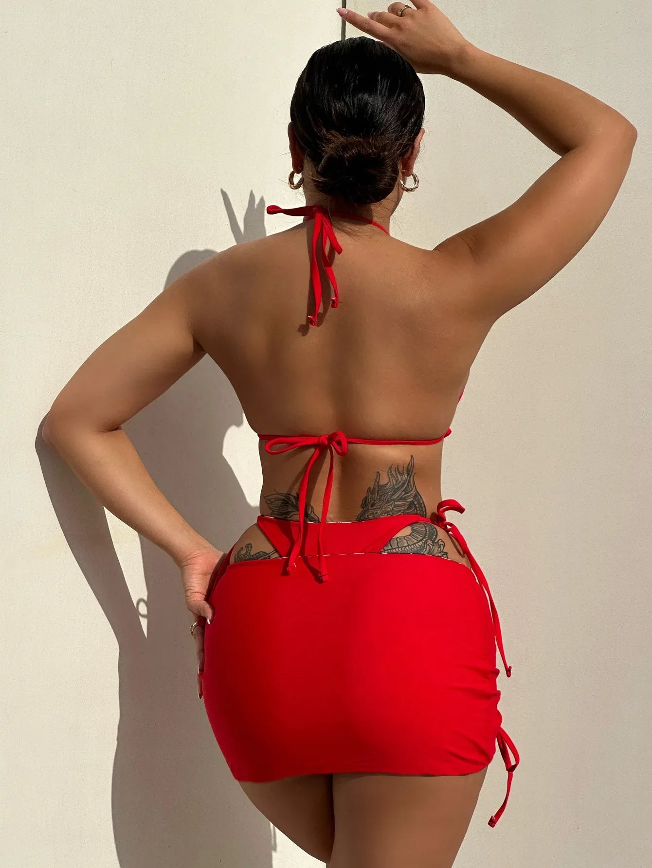 Summer Leopard Patchwork Women's 3 Pieces Suit Swimwear Sexy Halter Lace-up Micro Bikini Set+skirt Cover Up Reversible Beachwear