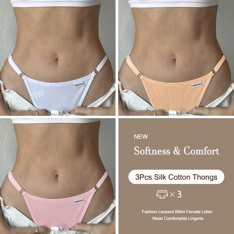 3PCS Women's Panties Cotton Thongs Adjustable Waist Sexy G-String Solid Color Seamless Intimate Female Underpants Lingerie S-XL