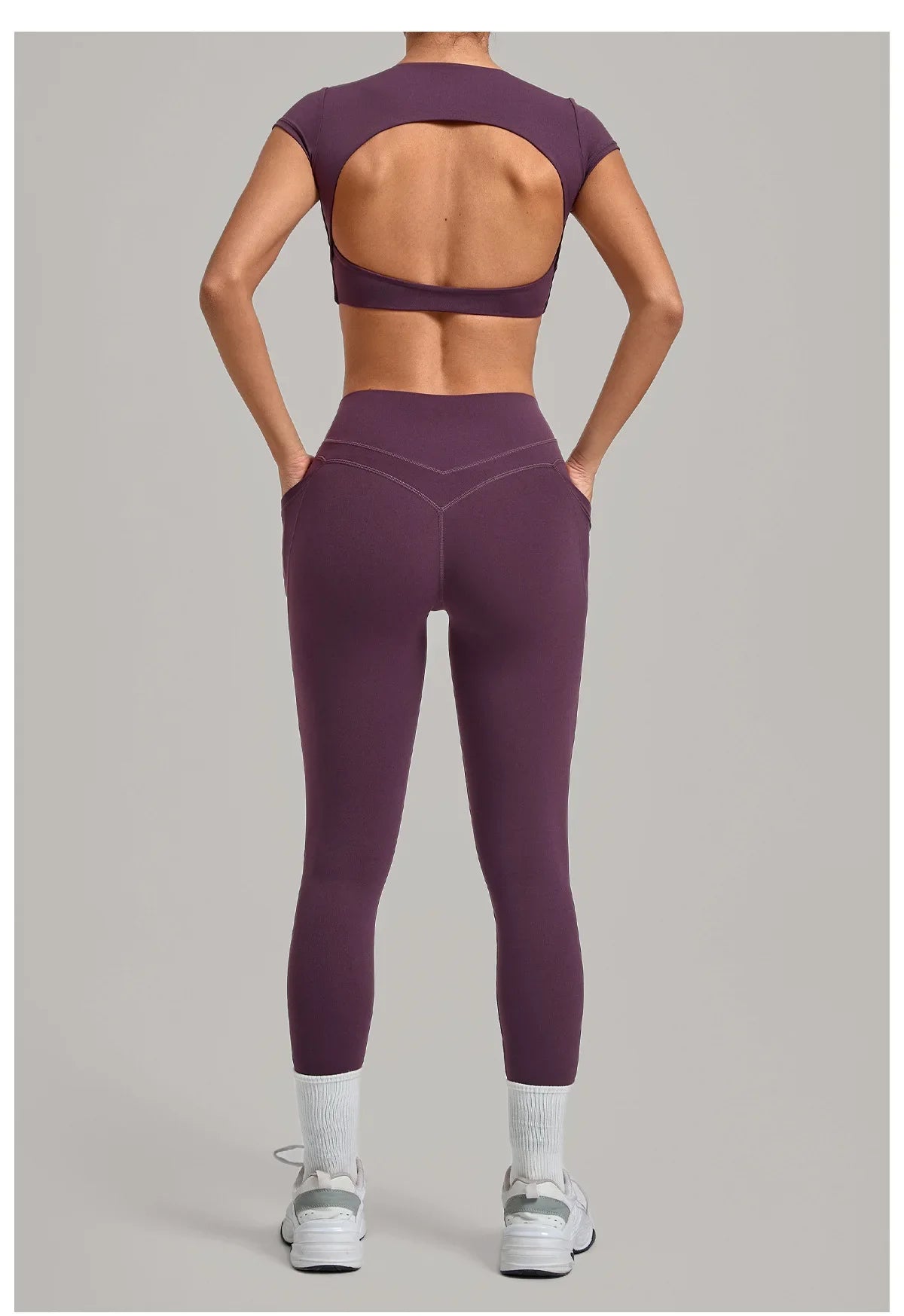 Yoga Set Women's Tracksuit Short Sleeve Back Hollow Out Sports Top Athletic Wear Tight High Waist Pocket Leggings Fitness Suits