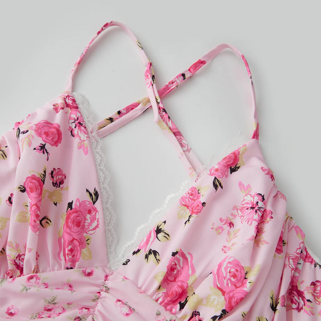 Women's Summer Floral Print Bohemian Long Dress Stylish Lace Patchwork Ruffled Trim Spaghetti Strap V Neck A-Line Dress