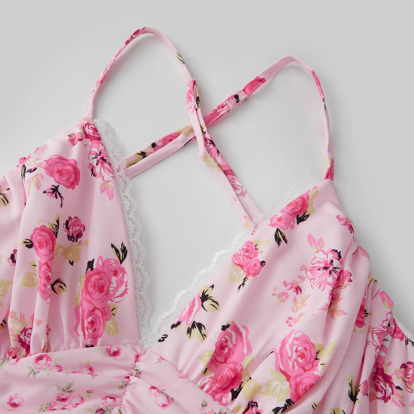 Women's Summer Floral Print Bohemian Long Dress Stylish Lace Patchwork Ruffled Trim Spaghetti Strap V Neck A-Line Dress