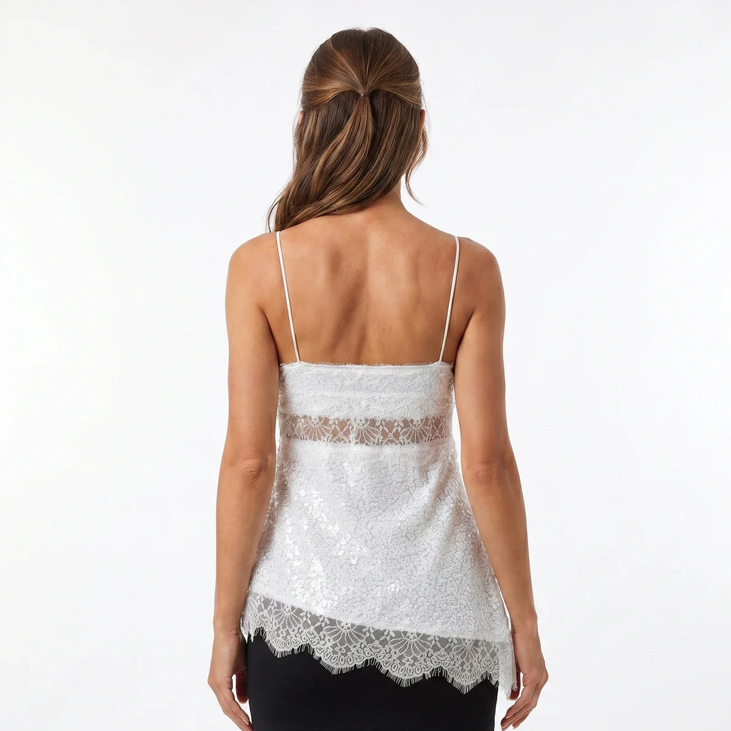 Women Camisoles Solid Color Lace Trim Sequins Spaghetti Strap Tank Tops Summer Fashion Sleeveless Vests Streetwear