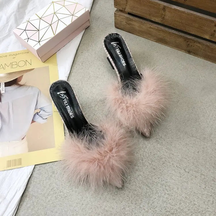 Women's Half Slippers New Summer Sexy Pointed Temperament High-heeled Slippers Female Fashion Furry High Heels Solid Slides