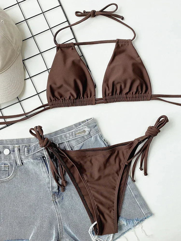2025 Sexy Tie Side Strappy Halter Bikini Female Swimsuit Women Swimwear Two-pieces Bikini set Hollow out Bathing Suit Swim Lady